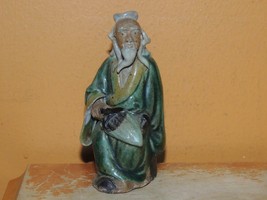 Chinese Mud Man Men Seated Green Robe w Fan 3.25&quot; marked China Mudman  c... - $24.74