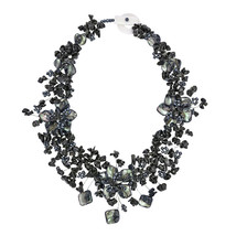 Exotic Dark Garden Back Onyx, Shell, and Bead Floral Statement Necklace - £44.55 GBP