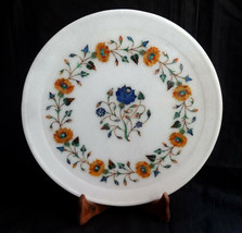 12&quot; Marble Plate Marquetry Lapis Hakik Handmade Pietra Dura Floral Decor... - $206.78