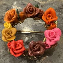 Vintage Floral Wreath Brooch Gold Tone Multi Color Resin Rose Pin - $24.70