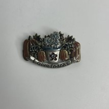BROOCH “Give Thanks” Signed KC Flower Pot Leaves Pumpkin Pin Silver Toned - $13.50