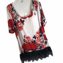 Lily By Firmiana XL Floral Tunic Blouse Red Black Lace Trim Stretchy Travel Top - £15.48 GBP