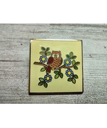 Gold Tone Enamel Owl on Tree Branch Blue Flowers Brooch Lapel Pin 1&quot; - £3.63 GBP