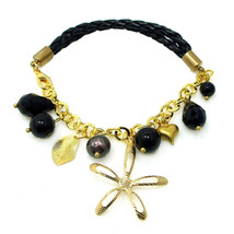 Shining Brass Star w/ Black Onyx &amp; Pearls on Braided Leatherette Bracelet - £8.17 GBP