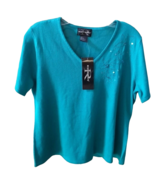 Requirements women&#39;s short sleeve teal acrylic sweater floral unworn READ - $20.78