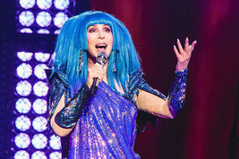Cher singing on stage in concert wearing blue wig 12x18 poster - £15.99 GBP