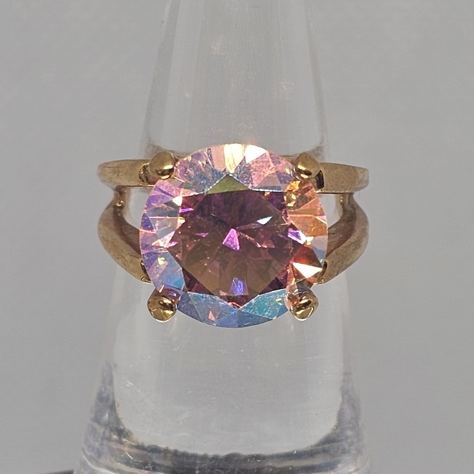 Mystic Topaz Cocktail Ring Gold Tone Round Cut Size 6 Split Shank Band - $34.99