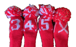 Golf Headcovers Knit Fuzzy Pom-Pom Red &amp; White Set Of Four 3,4,5,X Vintage Woods - £23.16 GBP