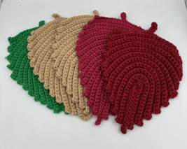 Vintage Crochet Leaf Pot Holder Hot Pads Trivets Green Maroon Beige Set Of 5 - £22.42 GBP
