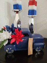 4th Of July Memorial Day Patriotic Floral Blue Metal Truck Home Tabletop Decor  - £34.55 GBP