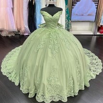 Beautiful Mint Green Bow Back Appliques Lace Quinceanera Dress Ball Gown Off The - £458.64 GBP