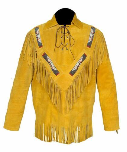 Men's Western Cowboy Golden Suede Leather Fringe Beaded Mountain Man Shirt MM112 - £111.11 GBP - £143.08 GBP