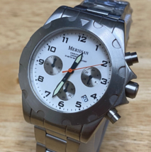 Meridian Mens 30m Silver White Analog Quartz Chronograph Watch~Date~New Battery - £37.82 GBP