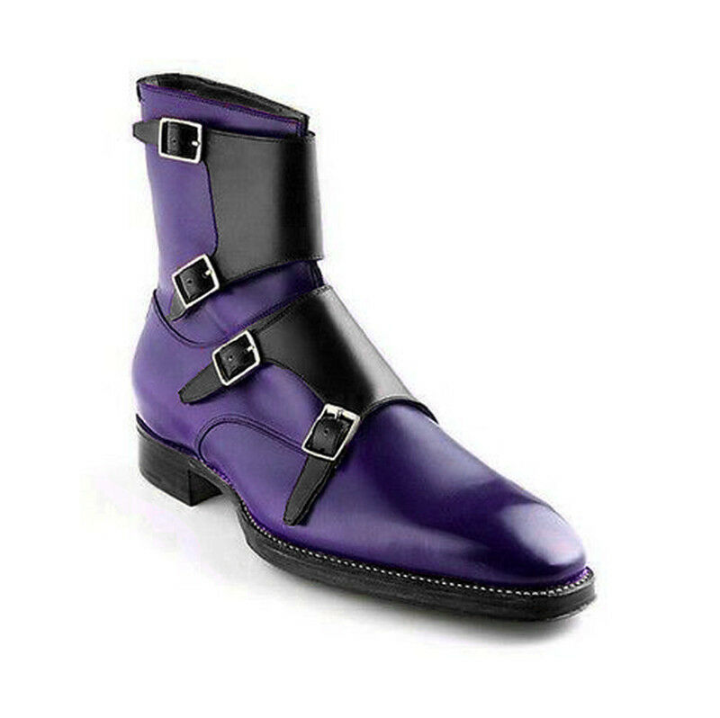 Two Tone Purple Black Cont Tetra Monk Buckle Straps Leather Ankle Boots US 7-16
