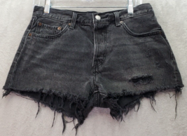 Levi&#39;s 501 Shorts Women Size 28 Black Denim Cotton Pockets Distressed Button Fly - £22.19 GBP