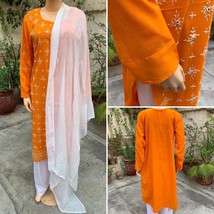 Pakistani Orange &amp; White Straight Style  Embroidered 3-Pcs Lawn Suit,L - £69.33 GBP