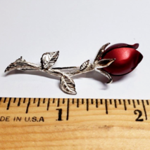 VTG 1970s Signed Jezlaine 925 Sterling Silver Long Stem Enamel Red Rose ... - £18.19 GBP