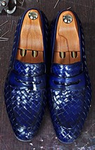 Handmade Weaved Blue Leather Men&#39;s Loafers for Men Formal Shoe For Men - $139.89+
