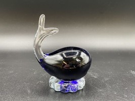 Hand Blown Art Glass Whale Dark Blue Clear Figurine Paperweight Nautical 4” - $19.79