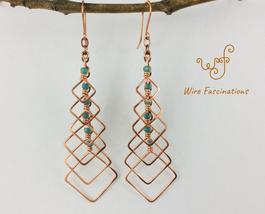 Handmade Copper Earrings Cascading Diamond Frame Dangles with Beads - £29.50 GBP