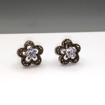 Vintage ATT Thai Silver Stud Earrings with CZ Solitaire in Marcasite Floral Halo - £47.61 GBP