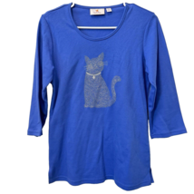 Quacker Factory Women&#39;s XXS Blue Top Embellished Cat 3/4 Sleeves - £12.47 GBP