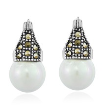 Elegant Crowned White Pearl with Marcasite Sterling Silver Dangle Earrings - £17.81 GBP