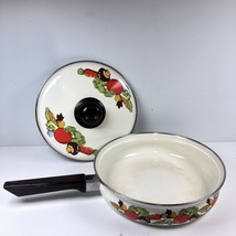 Vintage Enamel Skillet Frying Pan With Lid Mushrooms &amp; Vegetables 9.5” D... - $18.00