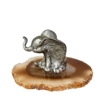 Elephant Metal Miniature On Agate Stone - $21.77
