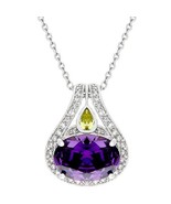 Silvertone Rhodium Plated Brass Purple &amp; Peridot CZ Oval Pendant 16+2&quot; N... - $66.00 CAD