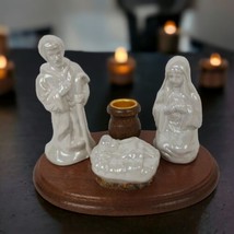 Vintage Nativity Set Minimalist Opalescent Glazed Ceramic Taper Candle Wood Base - £15.59 GBP