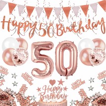 50Th Rose Gold Birthday Decorations, 50Th Happy Birthday Banner Pennant Flags 6P - £15.97 GBP
