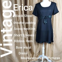 Vintage Erica Black Sheer Bow Waist Back Zip Dress Size M - $22.00