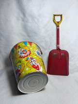 Vtg The Ohio Art Co Circus Clown Tin Litho Sand Bucket &amp; Happy Sandman Shovel - £27.93 GBP