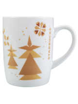 Starbucks 2013 Holiday Mug Coffee Hot Chocolate Cup White Gold Christmas Trees - £8.14 GBP