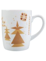 Starbucks 2013 Holiday Mug Coffee Hot Chocolate Cup White Gold Christmas Trees - £7.74 GBP