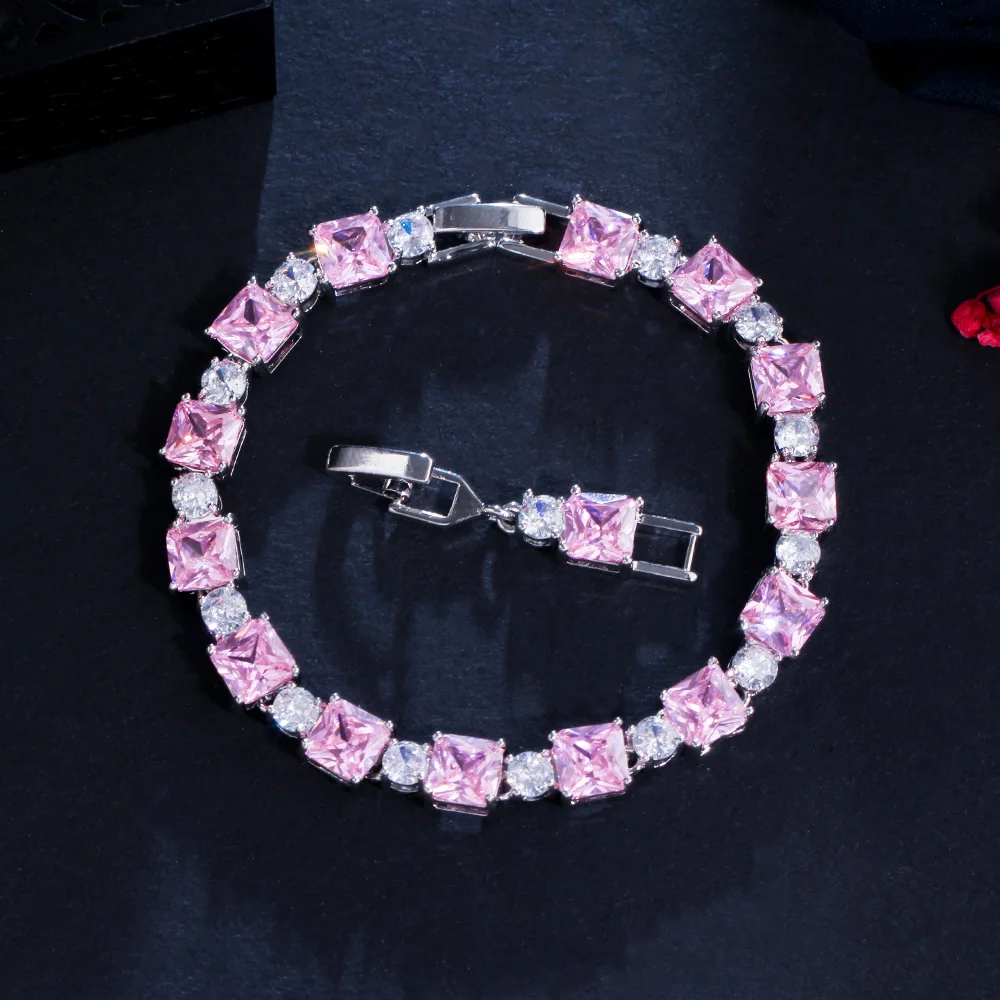 Gorgeous Pink Cubic Zirconia Square Tennis Chain Bracelet for Women Luxury Weddi - £19.30 GBP