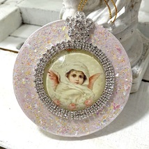 Shabby Rhinestone Victorian Angel Cameo Christmas Ornament Blush Pink glitter - £51.95 GBP