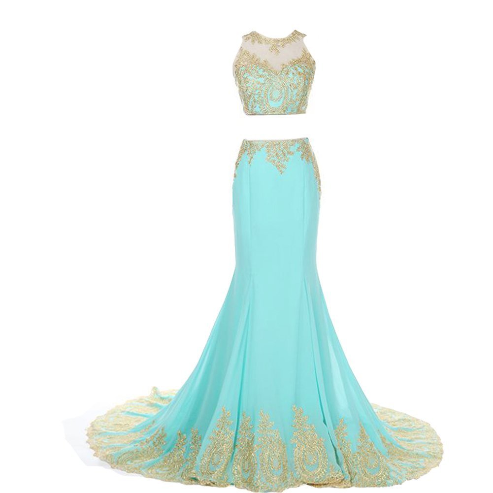 Kivary 2 Pieces Mermaid Gold Lace Sheer Crew Neck Formal Long Prom Evening Dress