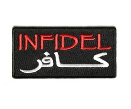 Black INFIDEL Arabic 3.5&quot; x 1.75 iron on patch (3647) (CC) - $5.84