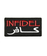 Black INFIDEL Arabic 3.5&quot; x 1.75 iron on patch (3647) (CC) - £4.65 GBP