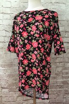 Lularoe IRMA Knit Top Shirt Size XXS Black Pink Roses Unicorn  Hi Lo Hem Stretch - £17.58 GBP