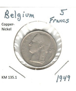 Belgium 5 Francs, 1949, copper-nickel, KM 135.1 - $1.37 CAD