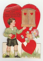 Vintage Valentine Card Boy Open My Window Girl Inside 1940&#39;s Die Cut - £6.19 GBP