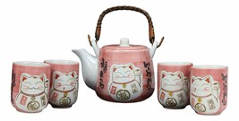 Japanese Design Maneki Neko Lucky Cat Pink 20oz Ceramic Tea Pot and Cups Set - £51.14 GBP