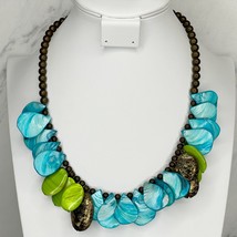 Chico&#39;s Blue Mother of Pearl Shell Beaded Gold Tone Bib Necklace - £13.22 GBP