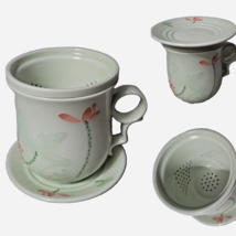 Teavana Red Lotus Porcelain Tea Infuser Cup Saucer Sage Green Flower  - $13.57