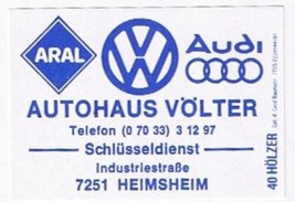 Matchbox Label Germany Autohaus Volter Aral Volkswagen Audi Heimsheim - £0.77 GBP