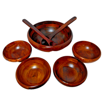 Vintage Teak Wood 7 PC Salad Serving Bowl Set w/Serving Utensils 11 1/2 x 6 1/2 - $34.00