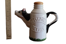 24 fl. oz. Ceramic &quot; With Milk Please &quot; Cow Pitcher Creamer Lid Black White ~8&quot; - £13.54 GBP